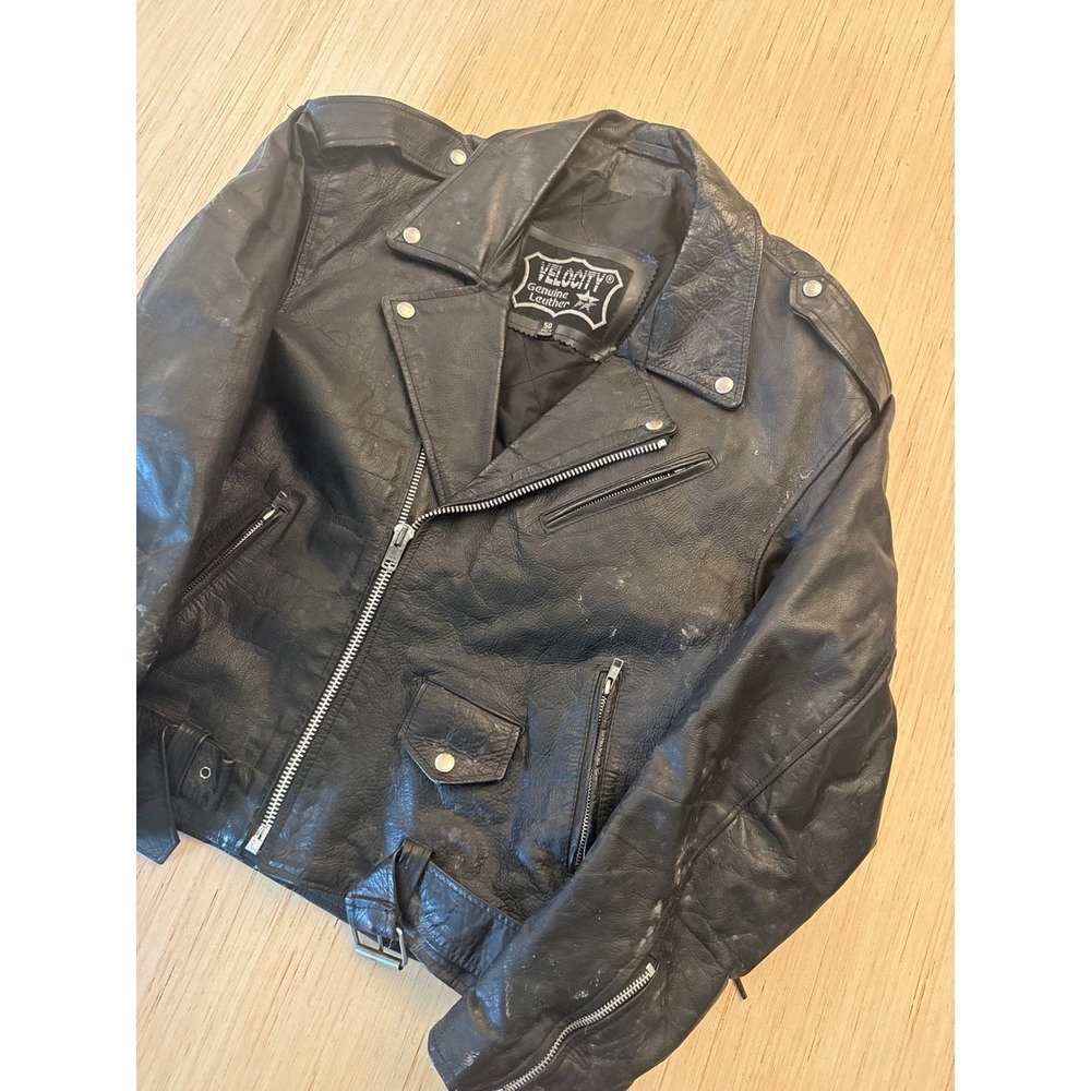 Velocity‎ Mens Vintage Black Leather Biker Motorcycle Jacket Size 50 21